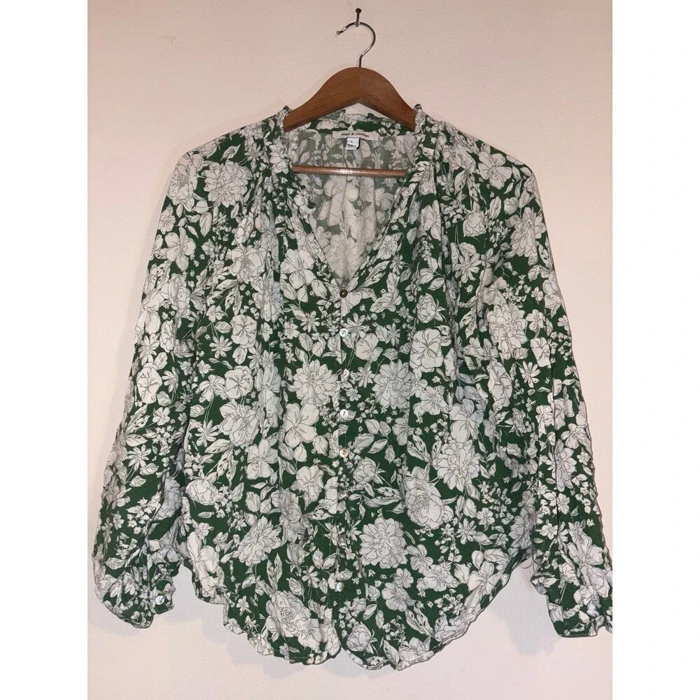 Alex and Jordan Green Floral Boho Blouse Shirt - Size Large